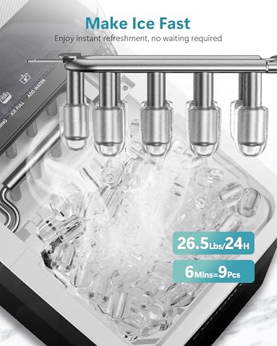 EUHOMY Machine à glace de comptoir, 26.5 lbs/24H Machine à glace portable avec scoop à glace & Panier, fabrication de glace rapide de 6 à 10 minutes, 2 Taille de glace, Idéal pour la maison, Cuisine, RV, Parti