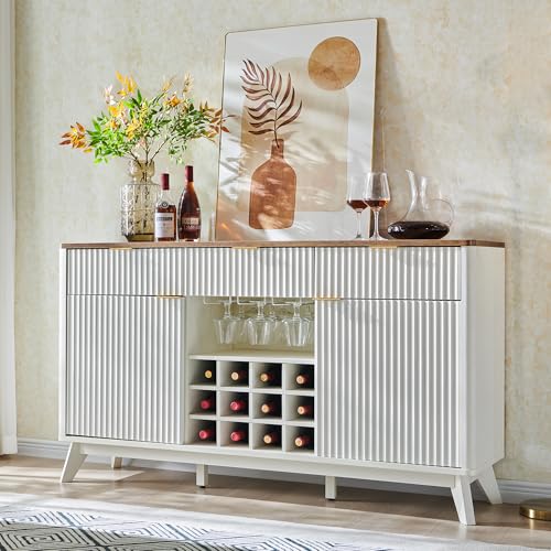OKD 60" Fluted Buffet Cabinet with Storage - 3 Drawers & 2 Doors, Mordern Wine & Coffee Bar Cabinet with Wine and Glass Racks, Sideboard with Adjustable Shelves for Kitchen, Dining Room,Antique White