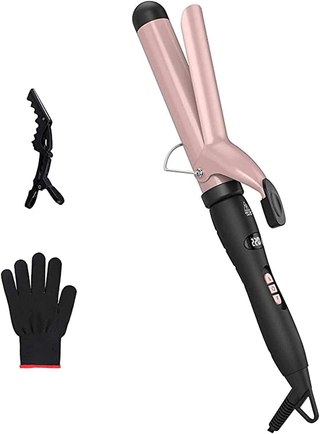 Pretfy Curling Iron Wand with Tourmaline Ceramic Coating 140-430â„‰, 1.25 Inch Curling Iron for All Types of Hair, Dual Voltage Crimp, Include Heat Resistant Glove, Rose Gold
