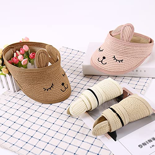 Happy Cherry Unisex Kids Straw Visor Hat with Bunny Ears UV Protection Foldable Sun Hats Caps3