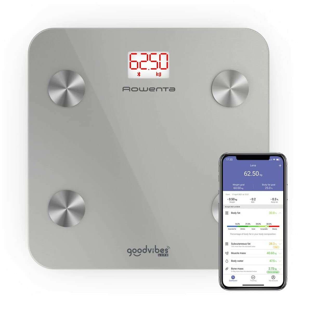 Rowenta BR9600 Goodvibes Life + Bilancia Pesapersone, Bilancia Digitale Intelligente, App connessa, 10 Misurazioni Corporee tra cui IMC, BMR, Massa Grassa, Muscolare e Ossea, Argento