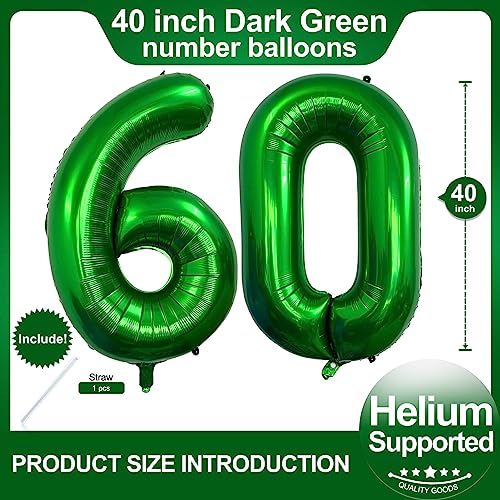Image of Number 60 Dark Green Balloons 40 Inch Giant Green 60 Numer Foil Helium Balloons for 60th Dark Green Birthday Party Supplies 60th Anniversary Events Decorations