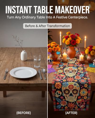 REPROE Dia De Los Muertos Table Runner, Sugar Skull Floral 13x72 - image 6