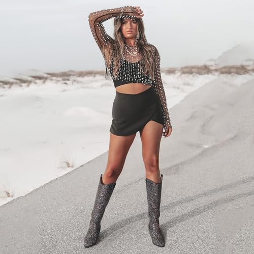 Eteridrey Cowboy Boots for Women Pointed Toe Western Cowgirl Boots Chunky High Heel Glitter Boots for Prom Sparkly Knee High Boots2