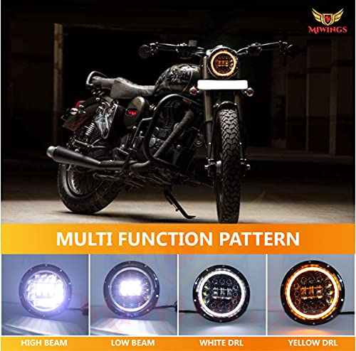 Image of Miwings 7 inch Round LED Stylish 12COB3HID Hi /Low Beam 75W H4 Headlight Compatible with Royal Enfield, Jeep, Thar, Motorcycle, Cars, Harley Davidson (Color Amber & White)
