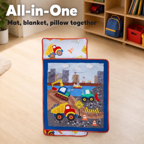 Image of EVERYDAY KIDS Toddler Nap Mat with Removable Pillow -Under Construction- Carry Handle with Fastening Straps Closure, Rollup Design, Soft Microfiber for Preschool, Daycare, Sleeping Bag -Ages 2-6 years