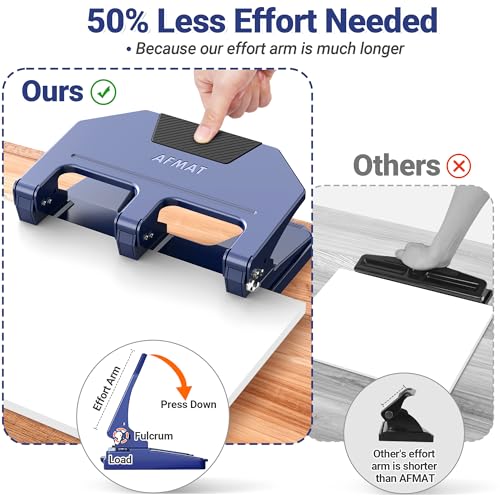 Image of AFMAT 3 Hole Punch, 9 /32 inch Holes, 40-Sheet 3 Hole Puncher for Binder, 50% Reduced Effort, Metal Heavy Duty Three Hole Punch w / 10,000+ Uses, Bulit-in S.S. Paper Guide, Large Chip Tray, Blue, HPX3