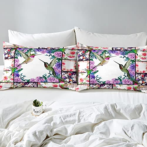 Erosebridal Hummingbird Sheet Set Blue Purple Pink Flowers Rustic Style Flat Sheet Queen For Adult Women Girls Bedding,Hummingbird Patchwork Decor Fitted Sheet Cute Animal Birds Print Bed Sheet #TOP4
