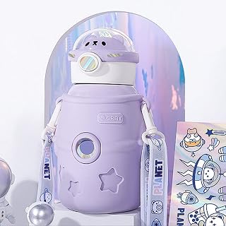 TIAASTAP Kawaii Water Bottle with Straw, 500ml Portable Stainless Steel Insulated Water Bottle with Sticker, Large Cute Astronaut Bear Water Bottles for School, Gym, Travel, Picnic etc (Purple)