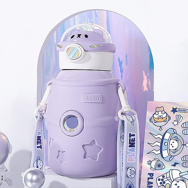 TIAASTAP Kawaii Water Bottle with Straw, 500ml Portable Stainless Steel Insulated Water Bottle with Sticker, Large Cute Astronaut Bear Water Bottles for School, Gym, Travel, Picnic etc (Purple)
