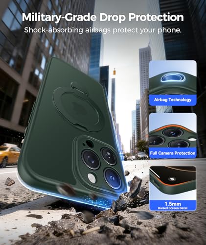 Image of FNTCASE for iPhone 16 Pro-Max Case: [360 Spin Magnetic Stand] [Compatible with Magsafe] [Screen Protector] Translucent Matte Military Grade Shockproof Full Camera Protective Phone Cover - Green