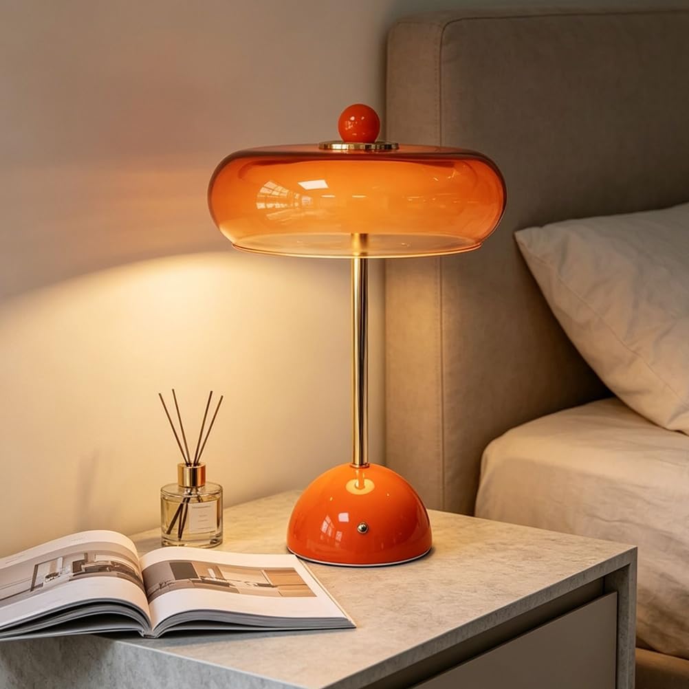 AoLa Tischlampe Orange Kabellos Pilzlampe Akku Tischleuchte Dimmbar Touch Lampe USB Aufladbar Batterie Nachttischlampe Ohne Kabel 3000K-6000K Orange Pilz Lampe Tragbare Vintage Lampe