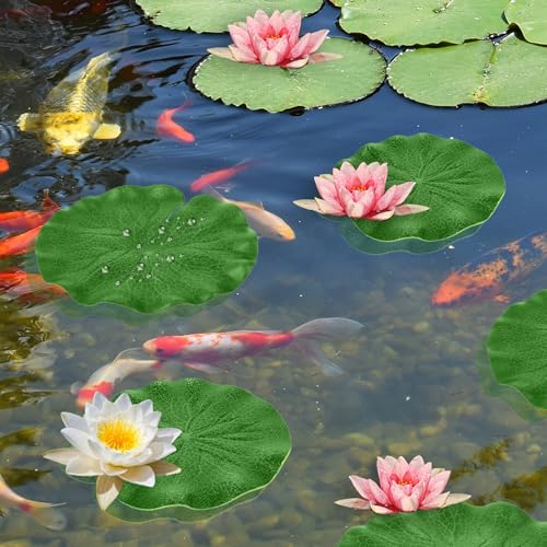 HJZHII 8 Stück Seerosen Künstlich Laub,Künstliche Seerosen Simulierte Lotusblätter Teichpflanzen Künstlich Schwimmende Schaumstoff Ornament Lilien Pads Teichdekoration Seerosenblätter für Terrasse
