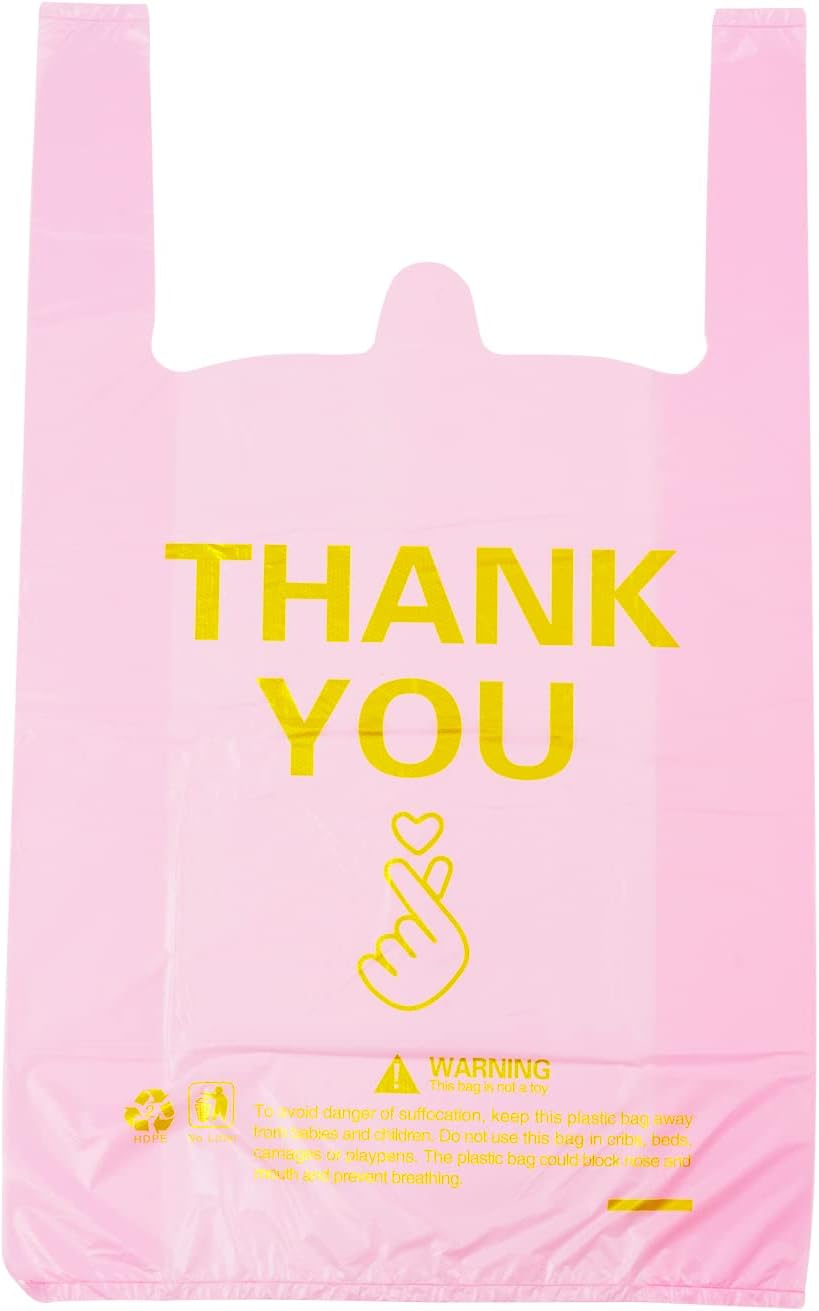 ysmile Thank You T Shirt Bag Plastic Grocery Bag for Small Business Plastic Shopping Bag with Handle – Pink