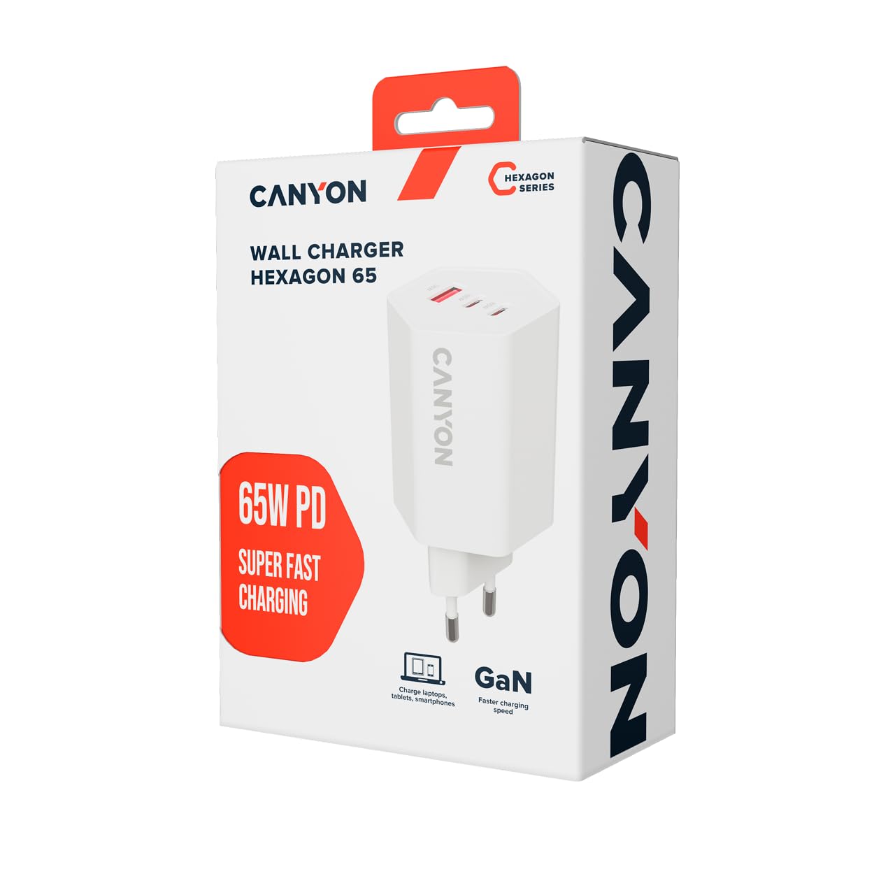 CANYON HEXAGON 65 GaN 65 W Wall Charger, 2 porty USB-C PD i port USB-A QC, 3 porty Fast Charging EU Power Adapter, biała