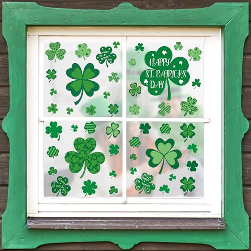 Image of 9 Sheets St Patricks Day Window Clings, 116 PCS St Patrick's Day Shamrock Window Stickers for St Patricks Day Decorations, Green Static Spring Window Clings for Glass Windows Decor