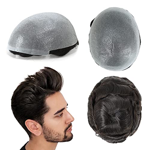HAIR NATURE Toupee for Men Human Hair Replacement System 0.05mm Thin Skin Real Wigs Off Black Hair BIO #1B