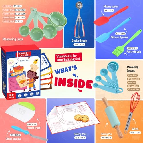 Vinino 11-Piece Kids Baking&Cooking Set – Real Baking Utensils with Cookbooks for Children, Toddler Safe Montessori Kitchen Accessories-Gift for Young Chefs Girls Boys Ages 6+