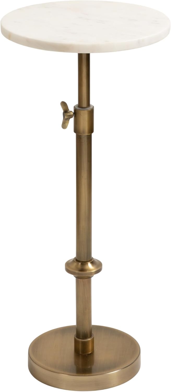 Kate and Laurel Engles Traditional Adjustable-Height Pedestal Drink Table, 10 x 10 x 30, White Marble and Antique Brass, Vintage Round Indoor Metal Plant Stand with Authentic Marble Tabletop Gold 10x10x30