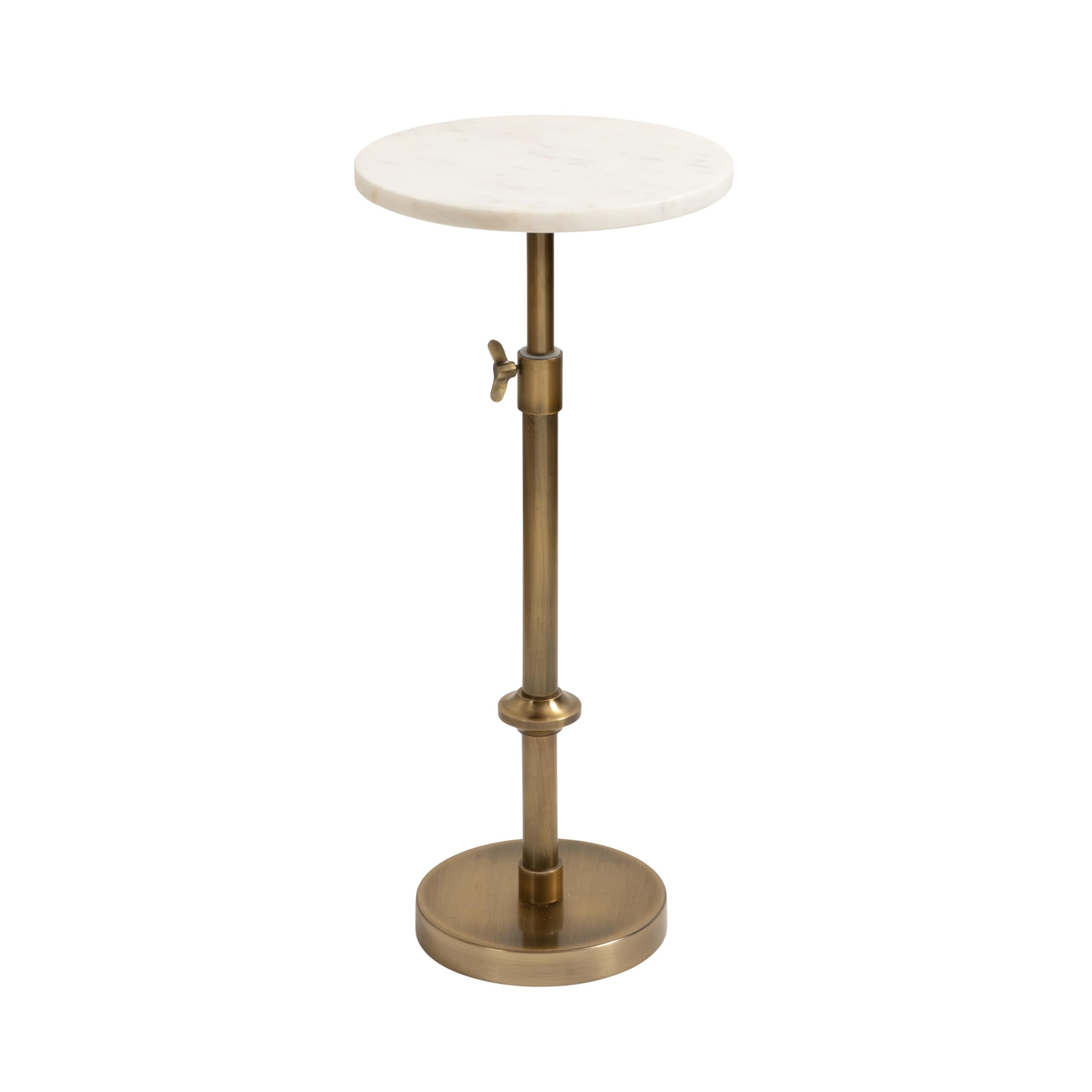 Engles Traditional Adjustable-Height Pedestal Drink Table, 10 x 10 x 30, White Marble and Antique Brass, Vintage Round Indoor Metal Plant Stand with Authentic Marble Tabletop