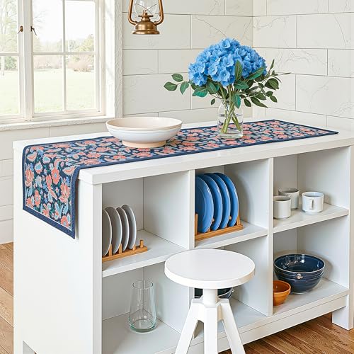 Image of Heart Home Velvet 13x72 Inch Table Runner for Home Decor | 6 Seater Dining Table Place Mat Elegant Soft Feel /Machine Washable | Pyramid 1235 - Navy Blue