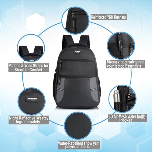 Image of Half Moon 30L Laptop Backpack for Men & Women, Polyester, Water Resistant, Padded Sleeve with Reflective Strip, Black & Grey