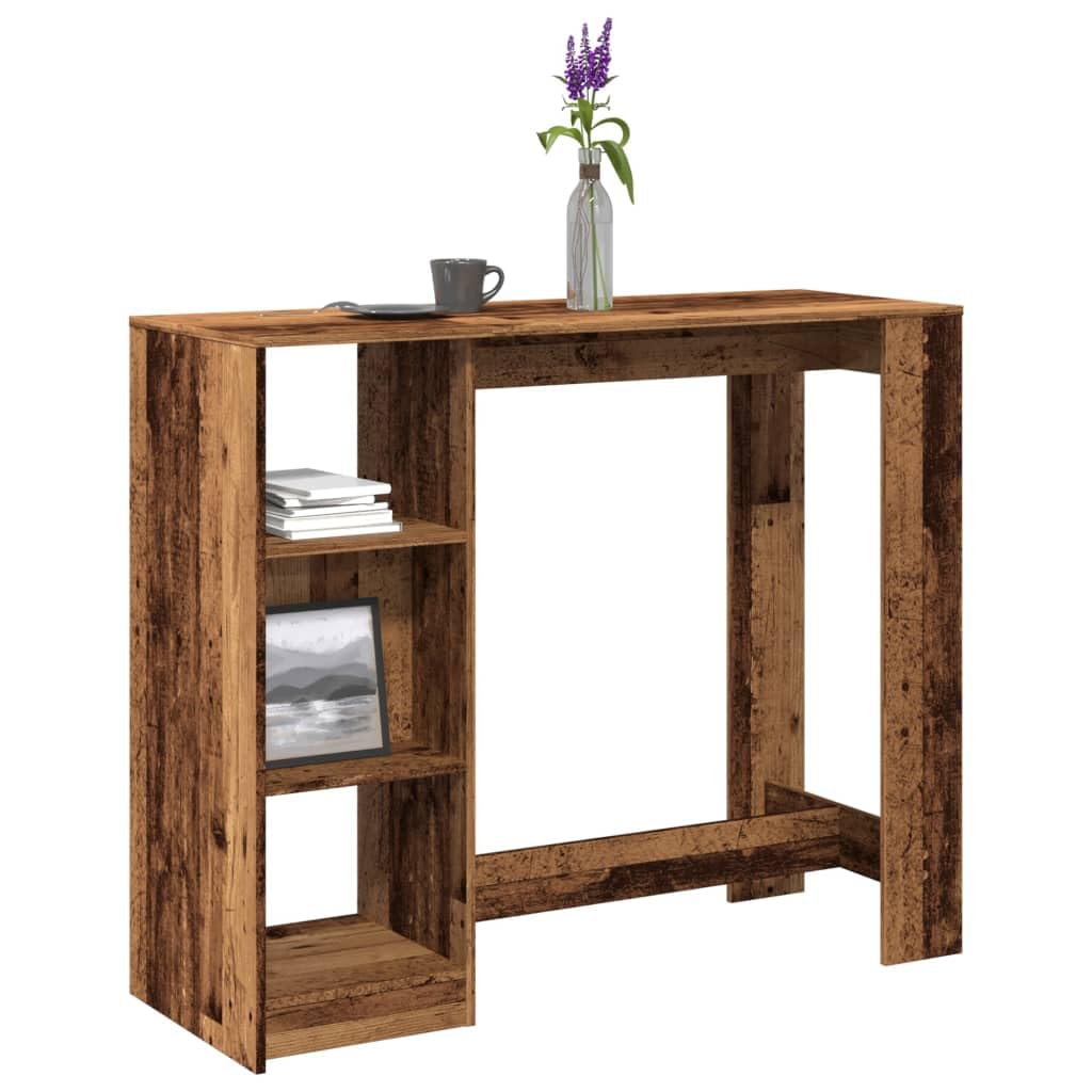 Stół barowy z regałem o wyglądzie starego drewna, 124 x 46 x 103,5 cm, materiał drewnopochodny, 4 półki, stolik do kuchni, salonu, jadalni, zajmuje mało miejsca, do bistro restauracji