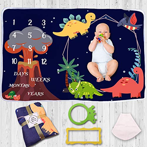 Image of DILIMI Baby Monthly Milestone Blanket Dinosaur Soft Flannel Nursery Bed Blankets for Boys Photography Background Blankets