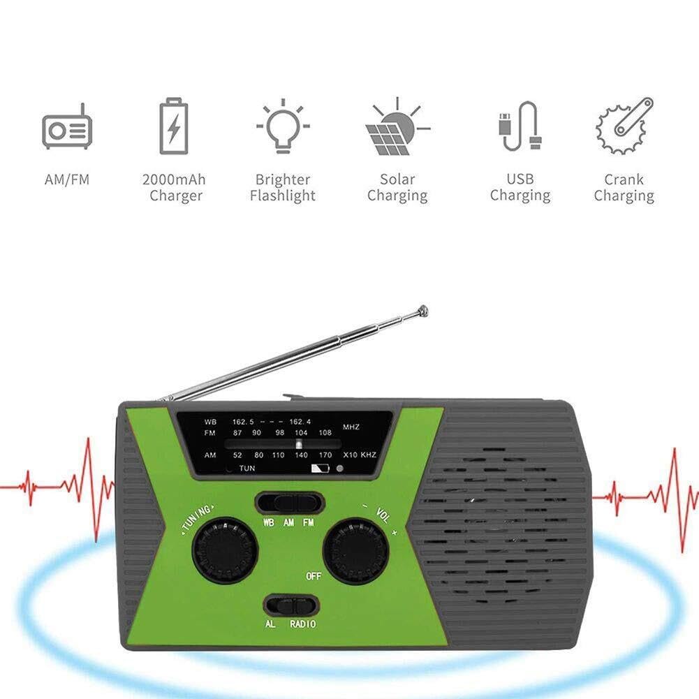 Radio awaryjne, przenośny powerbank 2000 mAh z korbką ręczną, solarnym radiem pogodowym, latarką LED i lampką do czytania, alarm SOS do biwakowania i przetrwania w domu, zielony