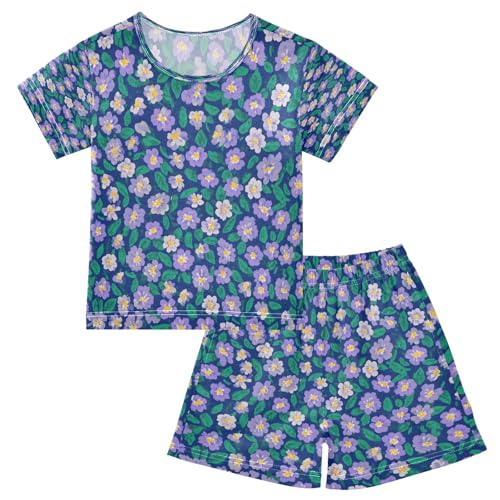 Purple Floral Pattern Kids Pjs Set Boys Girls Summer Short-Sleeve Sleepwear Pajamas 2PCS
