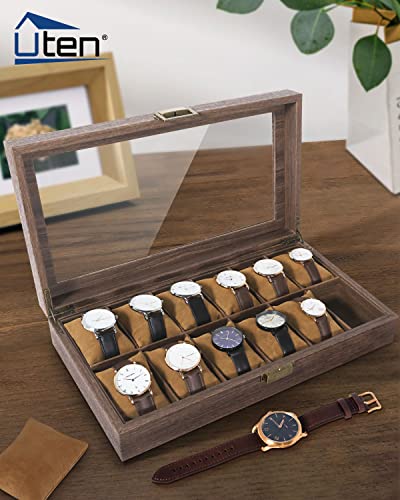 Image of Uten Watch Box 12 Slots, Watch Case Organizer with Real Glass Lid, Wood Grain PU Leather Watch Display Storage Box with Removable Imitation Suede Watch Pillows, Metal Clasp | Watch Jewelry Box, Soft Pillow, Metal Clasp, for Watch Size up to 55mm, Gifts for Collector, Anniversary, Christmas