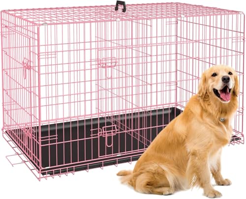Image of BestPet Dog Crate 42 inch Foldable Metal Kennel with Double Doors,Pastel Pink