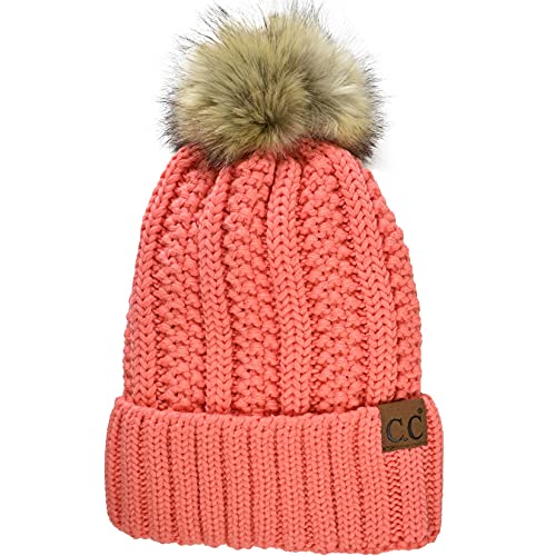 C.C Thick Cable Knit Faux Fuzzy Fur Pom Fleece Lined Skull Cap Cuff Beanie, Coral