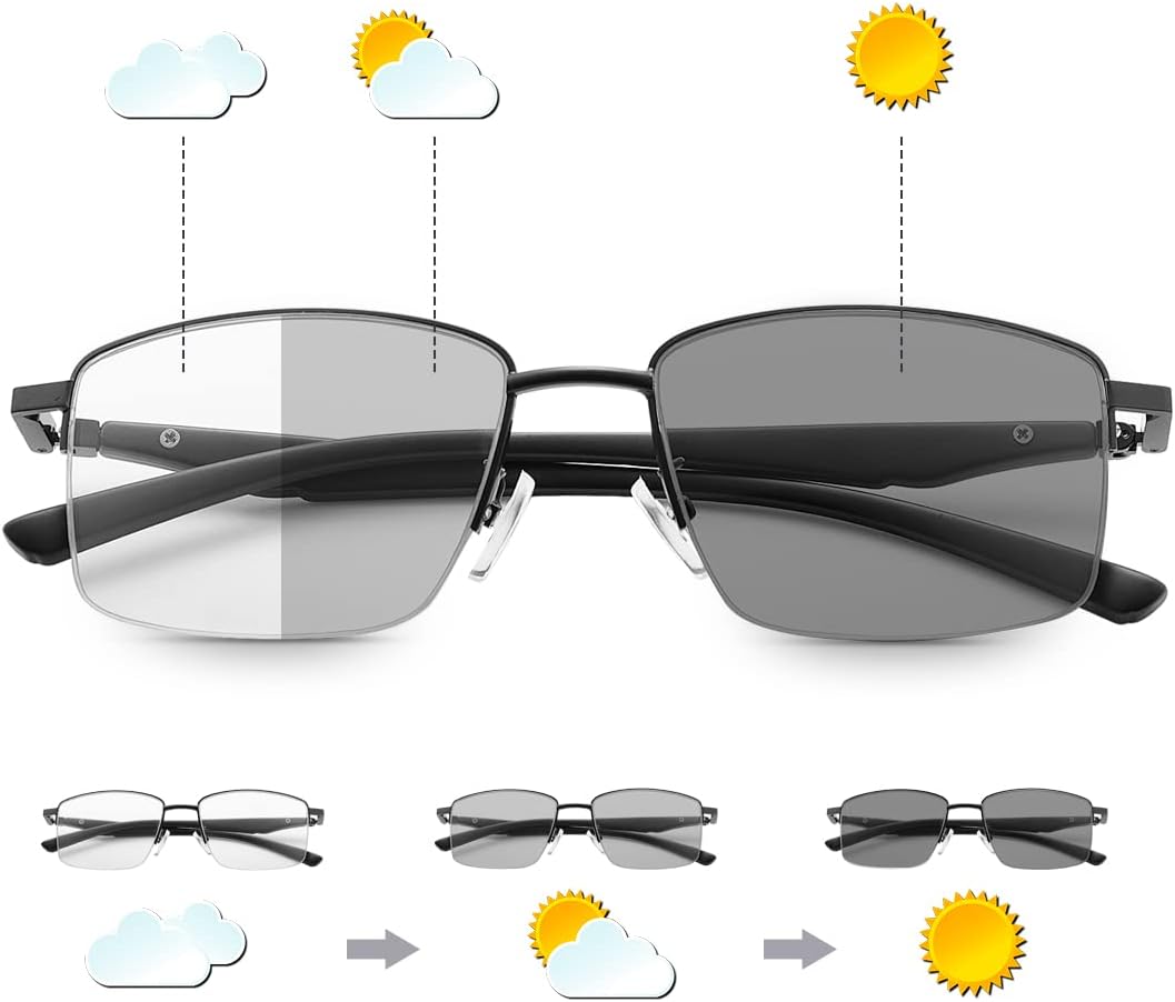 Photochromic Progressive Multifocus Reading Glasses Transition Multifocal UV400 Sunglasses Sun Readers Blue Light Blocking Computer Eyeglasses Anti Glare Eye Strain Lightweight Eyewear for Men Women