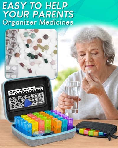 Image of Monthly Pill Organizer 2 Times a Day with Weekly Pill Bags, Portable Hard Shell Case, Pill Cutter & Opener Pick, Monthly and Weekly Stickers for Medication Management (Blue, 3 Times a Day)