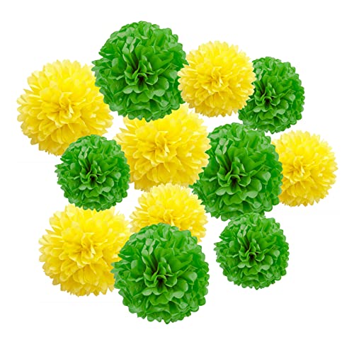 Image of 12pcs Yellow and Green Paper Pom Poms Decorations for Party Ceiling Wall Hanging Tissue Flowers Decorations - 3 Colors of 12 Inch, 10 Inch.