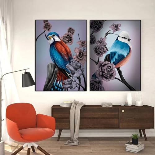 Peinture vintage oiseaux bleus et fleurs roses 70x100cm