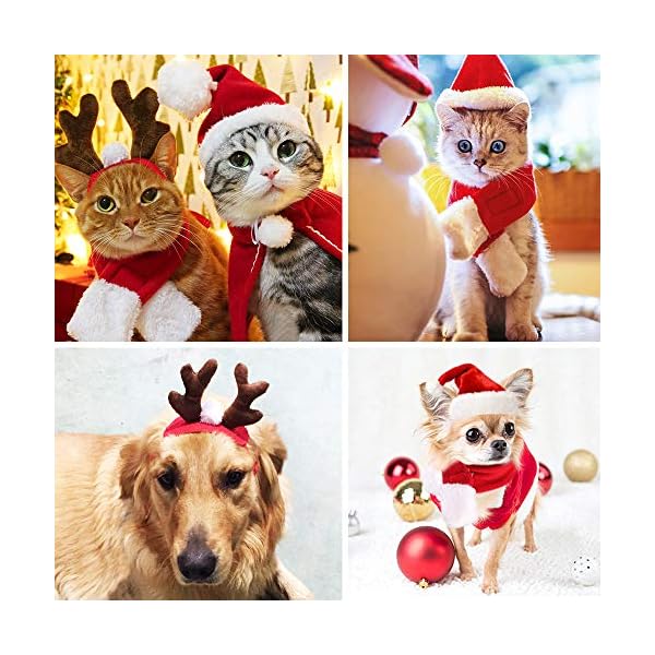 Fast and good cat santa christmas hat + muffler + elk antler reindeer hat + mini xmas card with slider storage bag, head wear accesories christmas costume outfits for pet dog cat rabbit(pack of 4 pcs) - image 3
