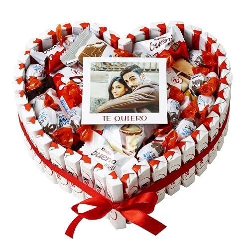 Onza Cesta San Valentín de Chocolates Kinder para regalar - Regalo original para Mujer, Hombre - Regalos originales para parejas - Corazón Chocolate Kinder Bueno Pack Personalizado con Foto Polaroid