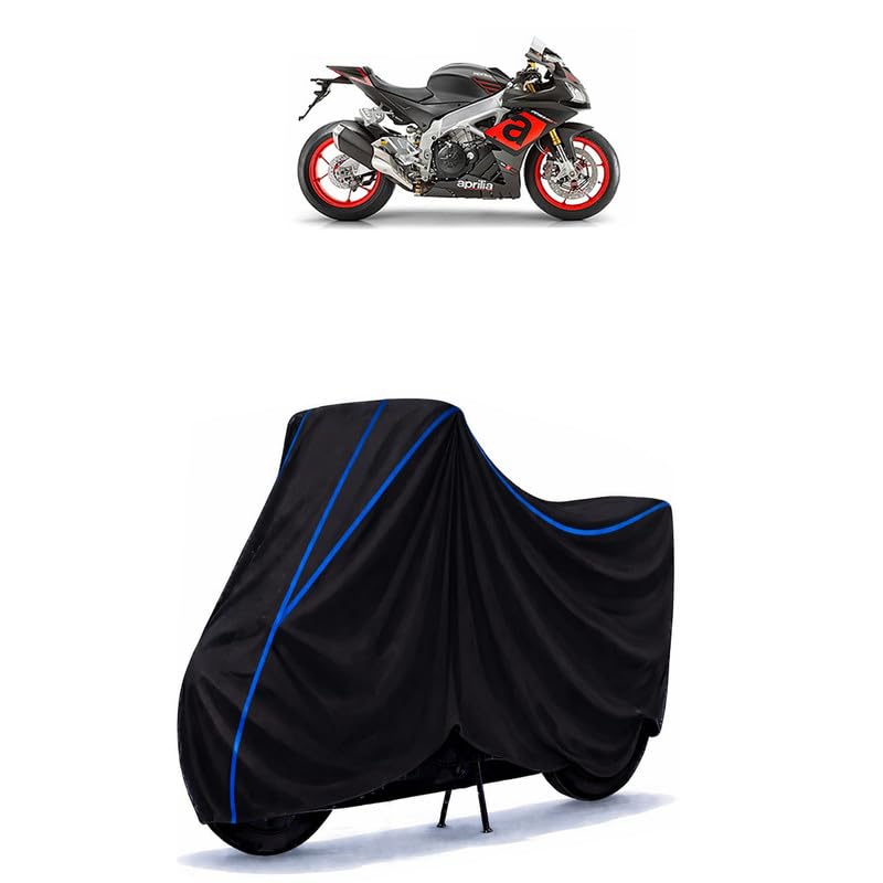 Image of RSV4 RR Bike Cover Water Resistant Universal Motorcycle Rain | Heavy Duty UV Protection, Dust, Scratch Indoor Outdoor All Weather with Black Blue Piping Elastic