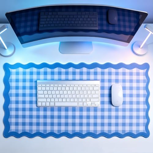 yuboo 31"×15.7" Scalloped Blue White Gingham Waterproof Pastel Desk Mat Vintage Rustic Cottagecore Aesthetic Desk Pad Desktop Keyboard Mouse Mat Office Decor Cubicle Work White Gaming Mouse Pad