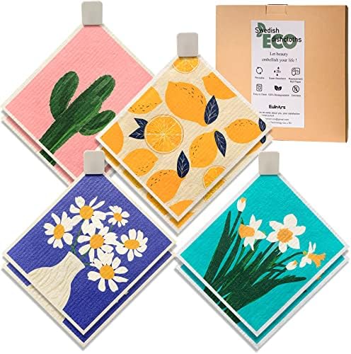 Eulnars Swedish Dishcloths, 8-Pack Reusable Swedish Dish Cloths with 3 Clips, 9 Classified Labels, Quick Drying Washable Paper Towels, Super Absorbent Cellulose Sponge Cloths, Odorless