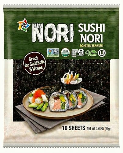 KIMNORI Sushi Nori Seaweed Sheets – 10 Full Size USDA Organic, Yaki Roasted Rolls, Wraps, Snack, 100% Natural Laver, Gluten Free, No MSG, Non GMO, Vegan, Kosher, 25 Gram 0.88 Ounce