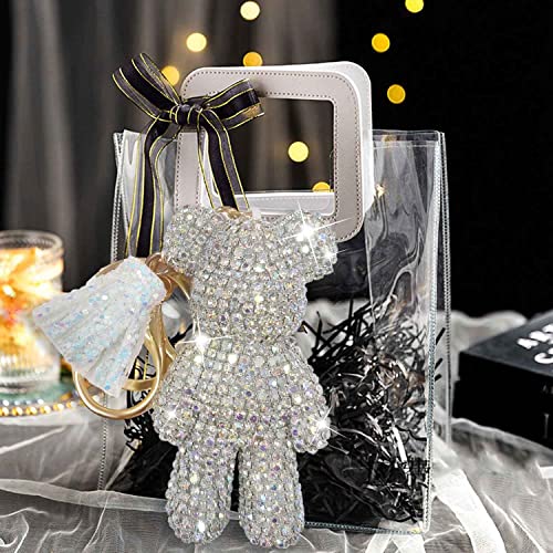 Bling Teddy Bear Keychain ，Cute Teddy Bear Key Chains Car Accessories，Fashion Rhinestones Keychains For Women Girls，Sparkly Bling Keychain Tassel Rope Lanyards (White) #TOP6