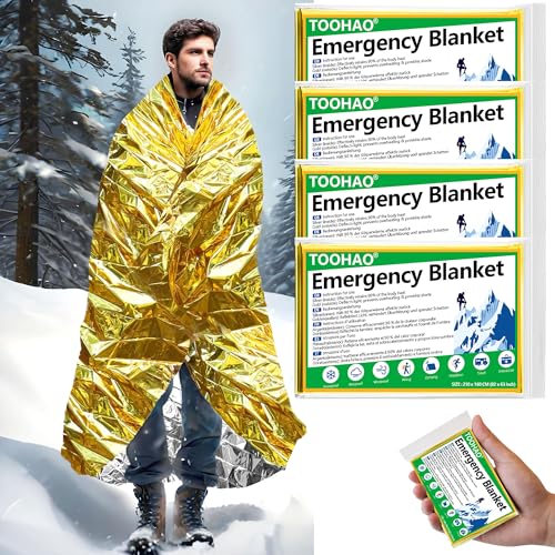 TOOHAO Rettungsdecke 4 Stück, Erste Hilfe Decke 210x160cm, Gold Silber Emergency Blanket Perfekt für Outdoor, Wandern, Naked Survival Ausrüstung, Marathons oder Notfall, Robust, Reißfest & Wasserdicht