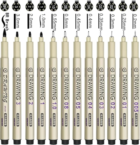Image of Parssufy 12 Pieces Black Fine Point Pens Set with Different Nib Sizes - Extra Fine Point Type for Calligraphy, Drawing, Writing, Designing, Comic, Waterproof & Quick Drying
