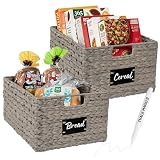 Best Choice Products Pantry Baskets Set of 2 16x12in Water Hyacinth Storage Baskets, Woven Wicker Kitchen Organizers with handles w/Chalkboard Label Chalk Marker - Gray