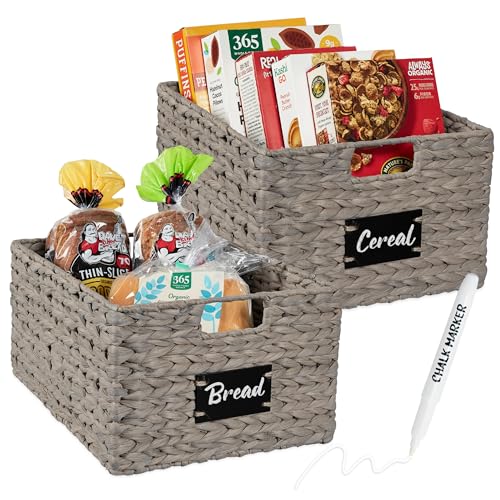 Best Choice Products Pantry Baskets Set of 2 16x12in Water Hyacinth Storage Baskets, Woven Wicker Kitchen Organizers with handles w/Chalkboard Label Chalk Marker - Gray