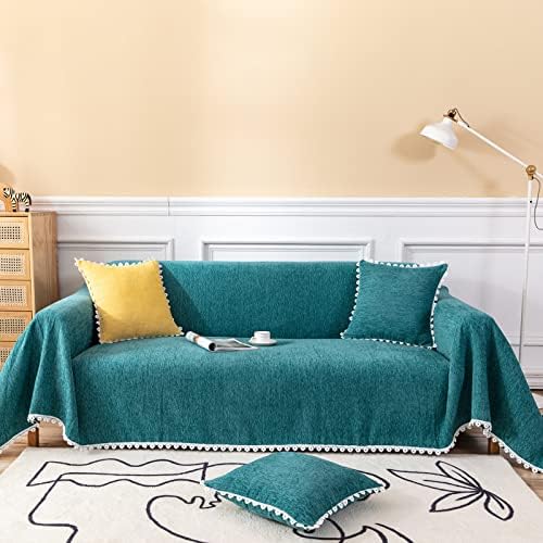 HANDONTIME Teal Dog Couch Cover Protector Green Chenille Sofa Throw Cover Turquoise Sofa Covers for 3 Cushion Couch with Floral Lace Boho Futon Couch Cover for Cat Kids Farmhouse Decorative, 71" X134"