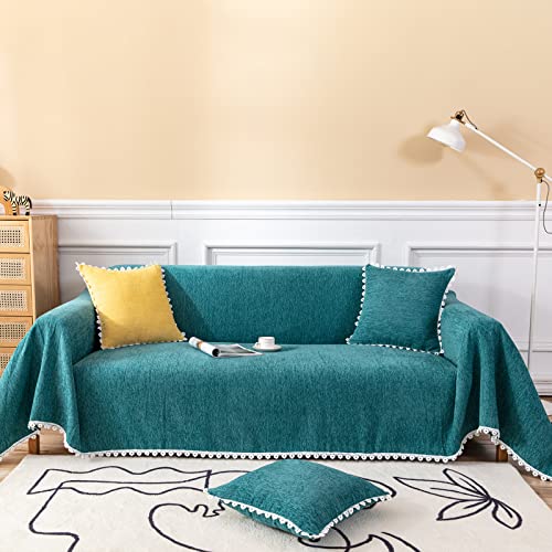 Handontime Teal Dog Couch Cover Protector Green Chenille Sofa Throw Cover Turquoise Sofa Covers For 3 Cushion Couch With Floral Lace Boho Futon Couch Cover For Cat Kids Farmhouse Decorative, 71" X134" #TOP26